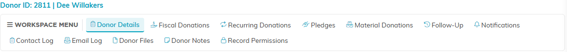 The Donor Workspace menu listing every section of the record