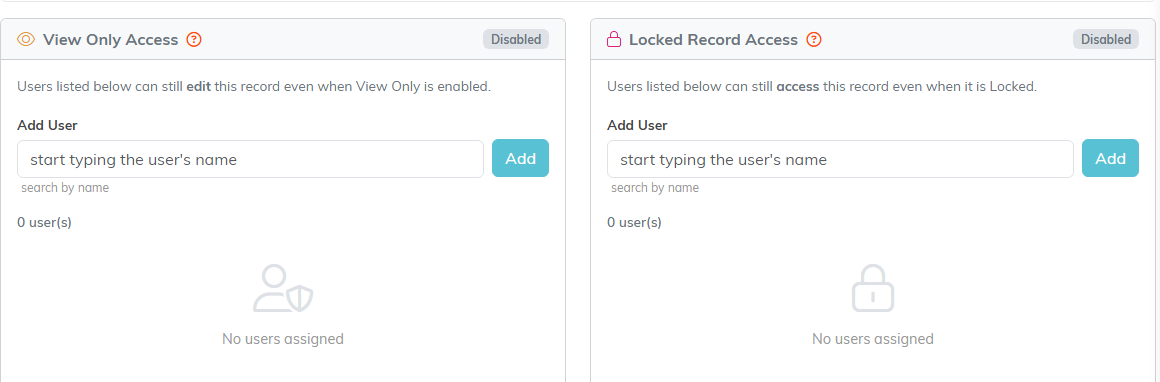 The View Only Access and Locked Record Access panels