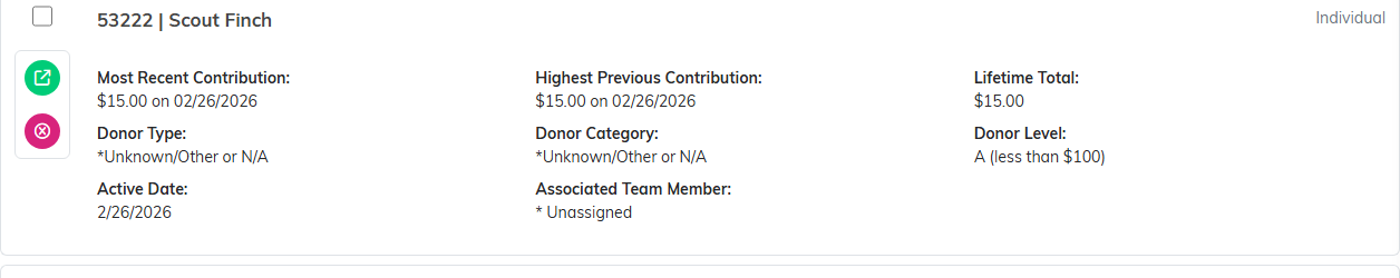 A donor row on the donor list showing Lifetime Total and Donor Level