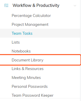 The Workflow and Productivity menu expanded with Document Library outlined