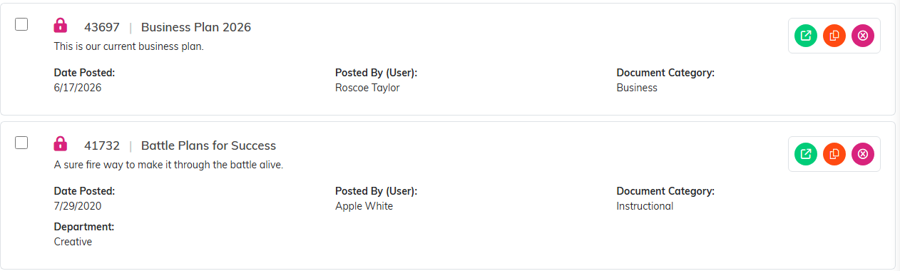 Two rows of the document list showing title, description, date posted, who posted it and the category