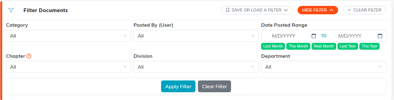 The document filter panel open with Category, Posted By, Date Posted Range, Chapter, Division and Department