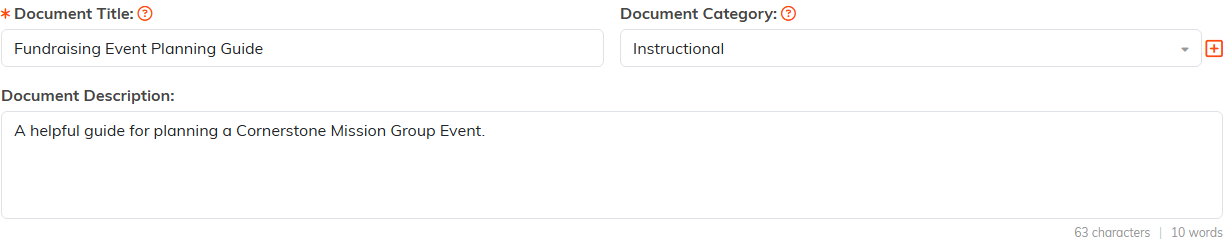 The Document Title, Document Category and Document Description fields