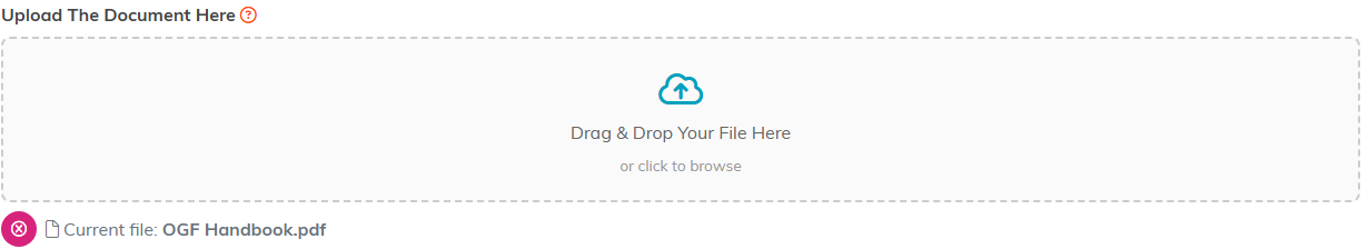 The Upload The Document Here drop box with the current file named underneath