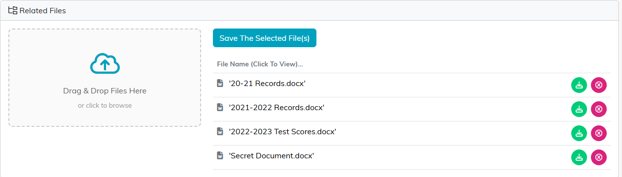 The Related Files section on a record, with an upload box on the left and the attached files listed on the right