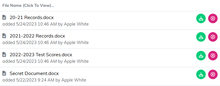 An attached file list under the heading File Name Click To View, each file showing the date and time it was added and who added it, with a download icon and a remove icon