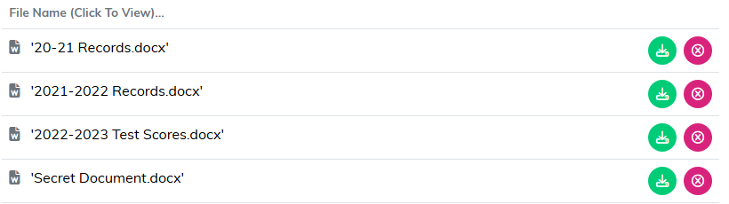 An attached file list under the heading File Name Click To View, each row with a download icon and a remove icon