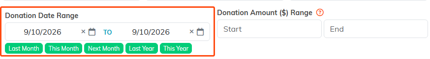The Donation Date Range filter with the same date in both boxes