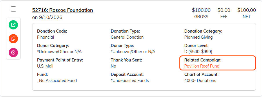 A donation row showing its Related Campaign