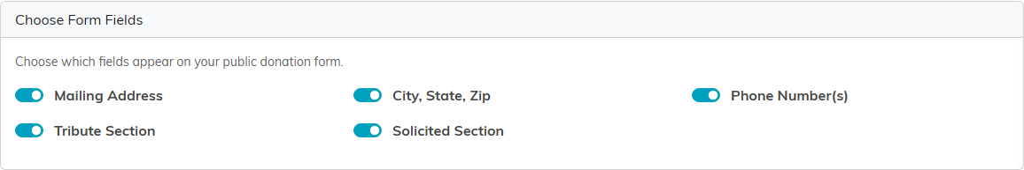 The Choose Form Fields section with a switch for Mailing Address, City State Zip, Phone Numbers, Tribute Section and Solicited Section