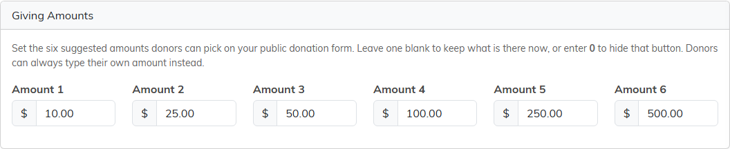 The Giving Amounts section with six amount boxes set to 10, 25, 50, 100, 250 and 500 dollars