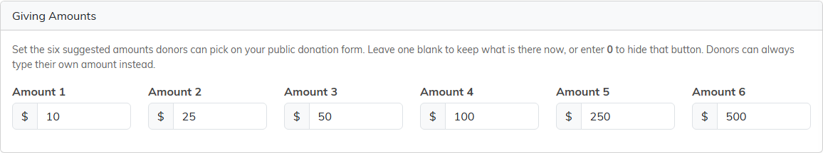 The Giving Amounts section with six amount boxes set to 10, 25, 50, 100, 250 and 500 dollars