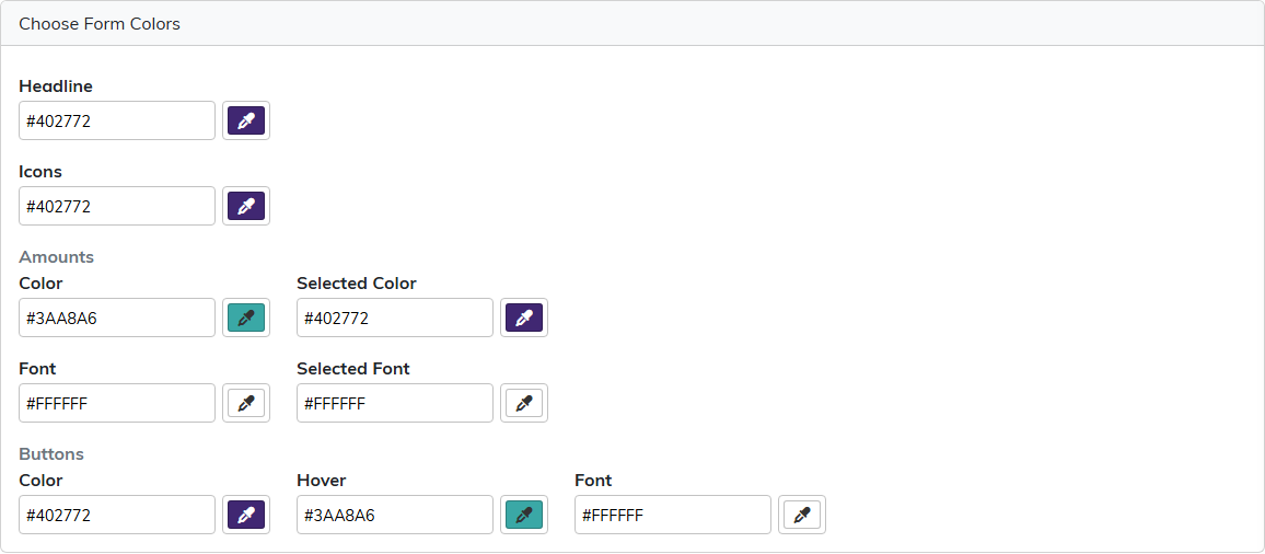 The Choose Form Colors section with color pickers for Headline, Icons, the Amounts buttons with their Selected Color and Selected Font, and the main Buttons