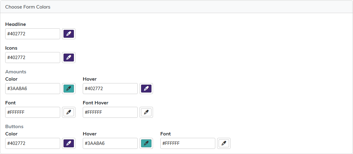The Choose Form Colors section with color pickers for Headline, Icons, the Amounts buttons and the main Buttons