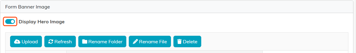 The Form Banner Image section with the Display Hero Image switch outlined in orange above the Upload button