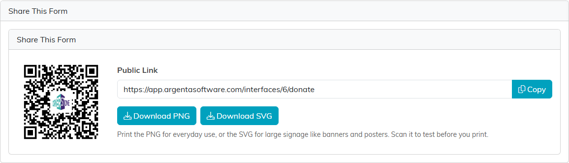 The Share This Form section showing the QR code, the public link with a Copy button, and Download PNG and Download SVG buttons