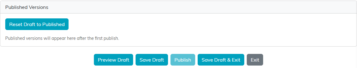 The Published Versions card with the Reset Draft to Published button above the row of Preview Draft, Save Draft, Publish, Save Draft and Exit, and Exit buttons