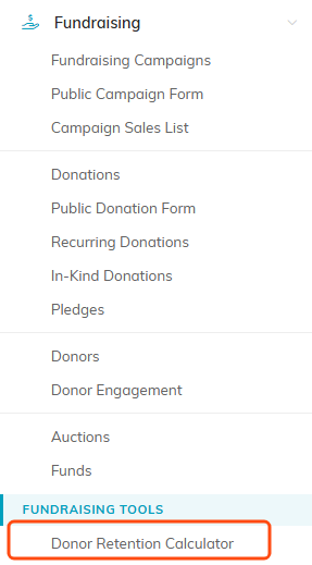 The Fundraising menu with Donor Retention Calculator highlighted
