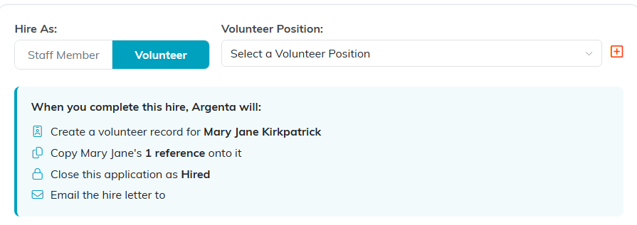 Hire As, the position list, and the list of what completing the hire will do