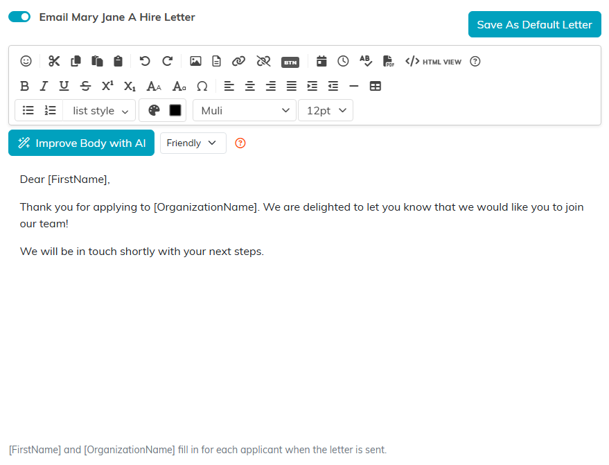 The hire letter switch, the letter editor and the Save As Default Letter button