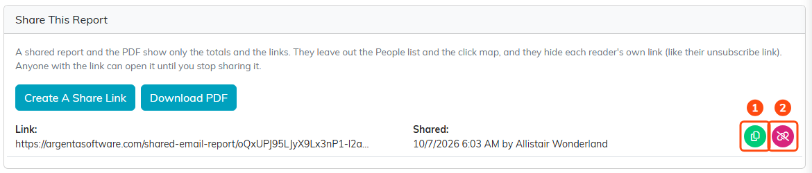 Share This Report, with the Create A Share Link and Download PDF buttons and one shared link with its copy and stop sharing icons.