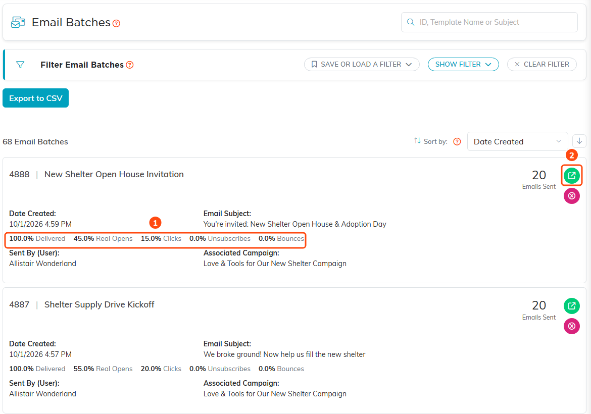 The Email Batches list, each batch showing its Delivered, Real Opens, Clicks, Unsubscribes and Bounces rates, with the open icon on the right.