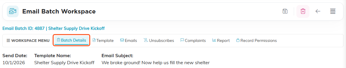 The Email Batch Workspace with its seven tabs in order: Batch Details, Template, Emails, Unsubscribes, Complaints, Report and Record Permissions, with Batch Details open and outlined.