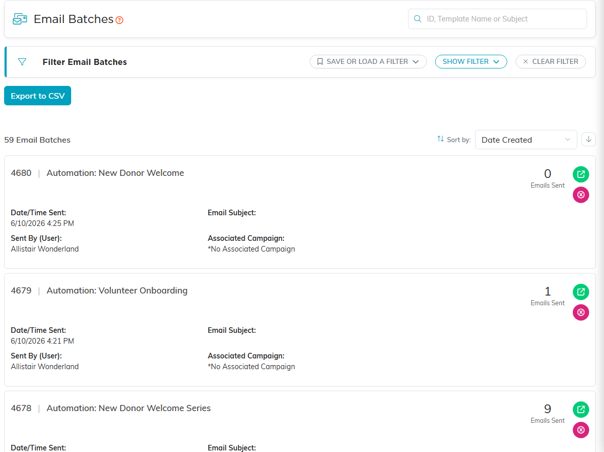 The Email Batches page