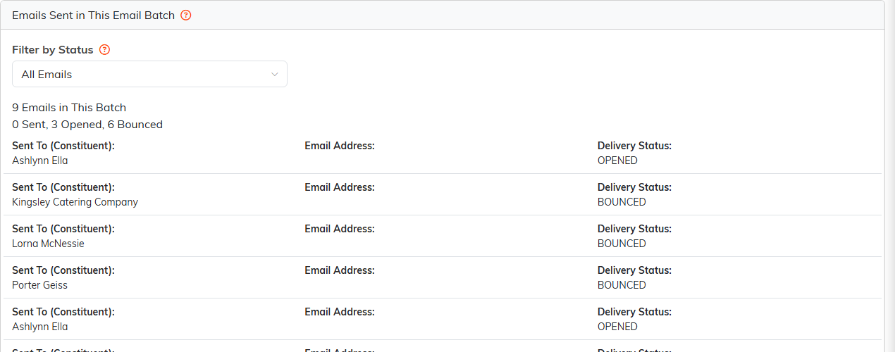 The Emails tab showing opened and bounced statuses