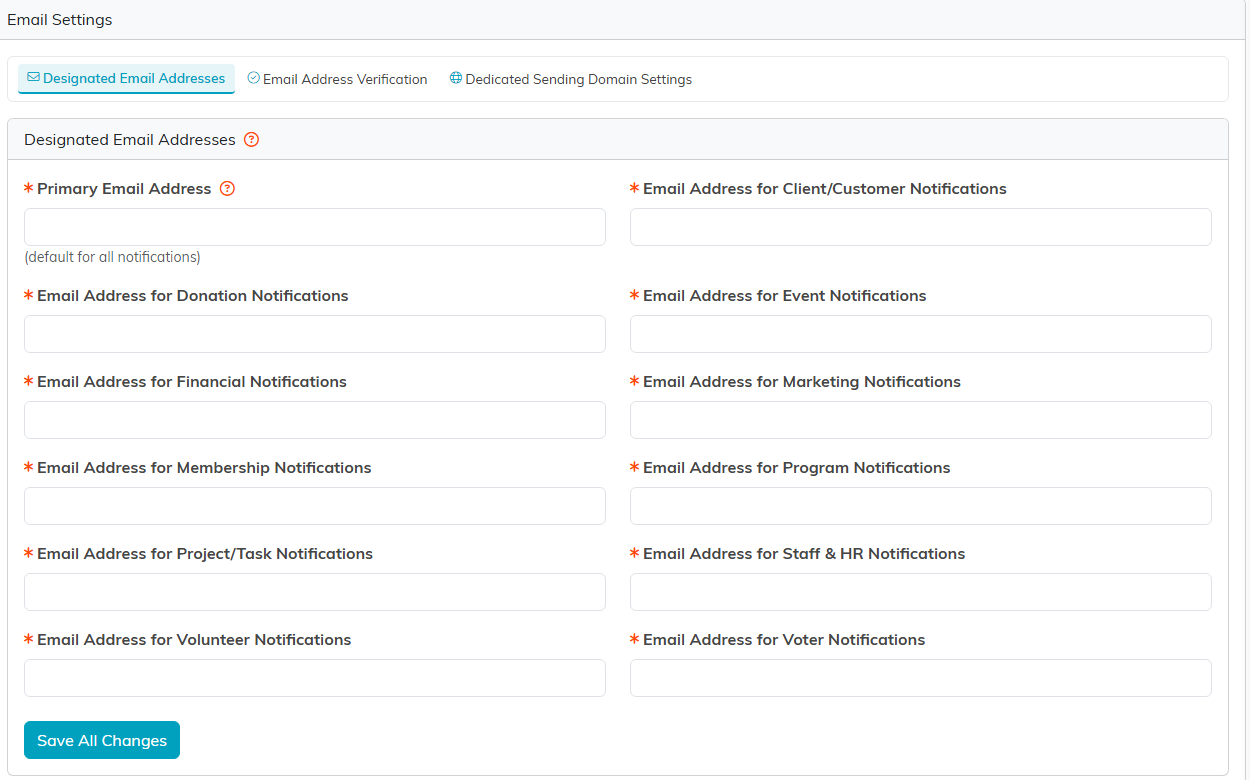 The Designated Email Addresses page with a field for each kind of notification