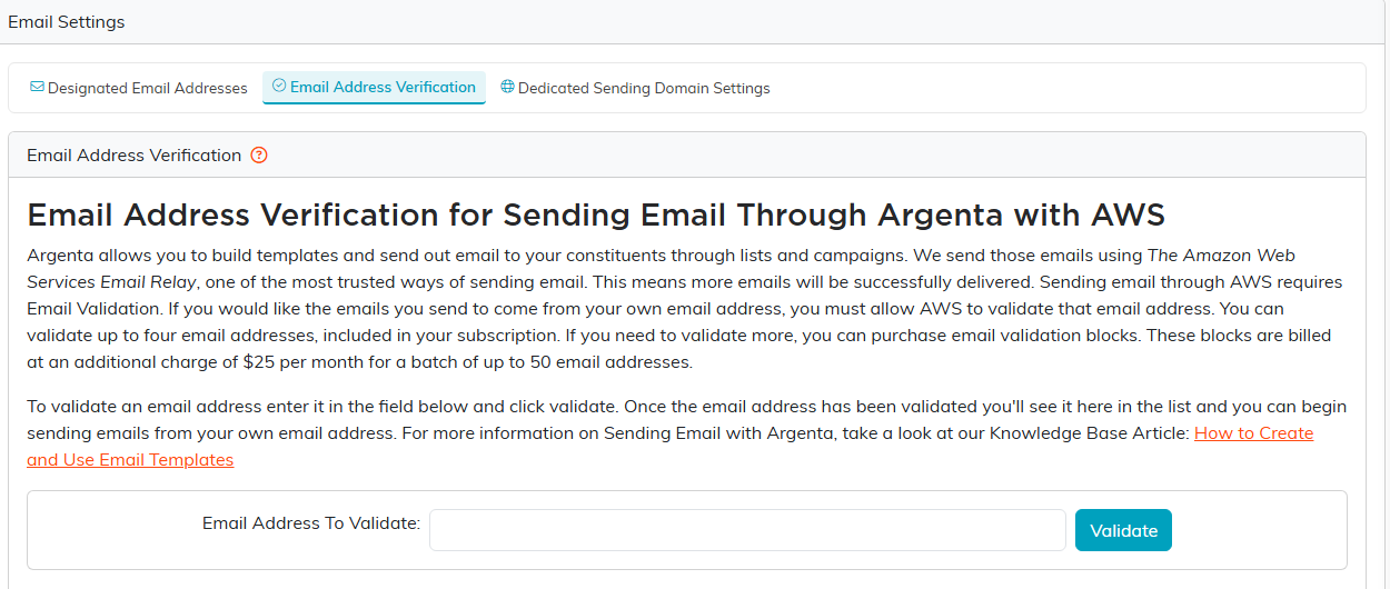 The Email Address Verification tab