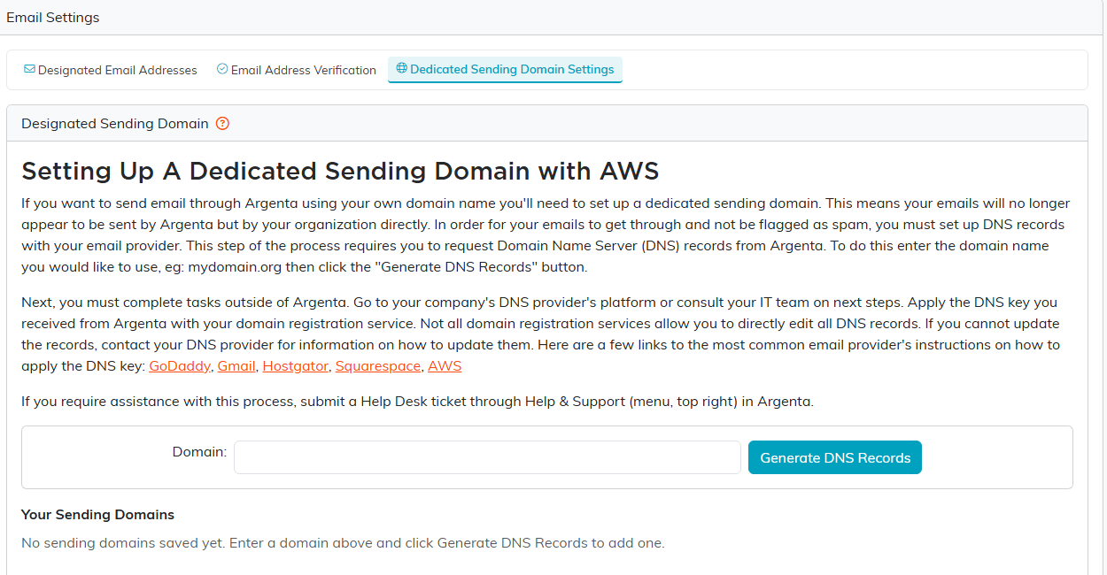 The Dedicated Sending Domain Settings tab with the domain field and Generate DNS Records