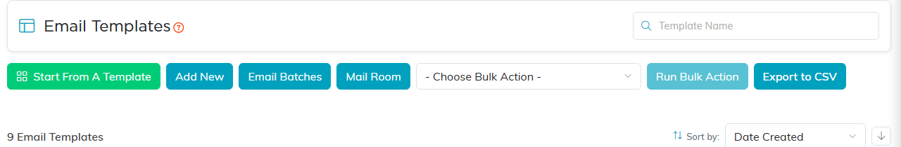 The Email Templates list page with its search box and buttons