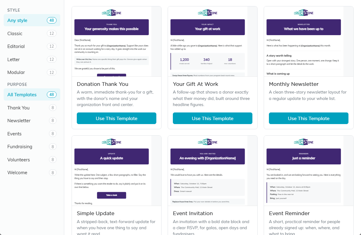 The email template gallery, showing the Style and Purpose filters beside the design tiles