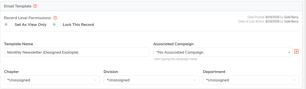 The Template Details tab showing name, campaign, hierarchy and record permissions