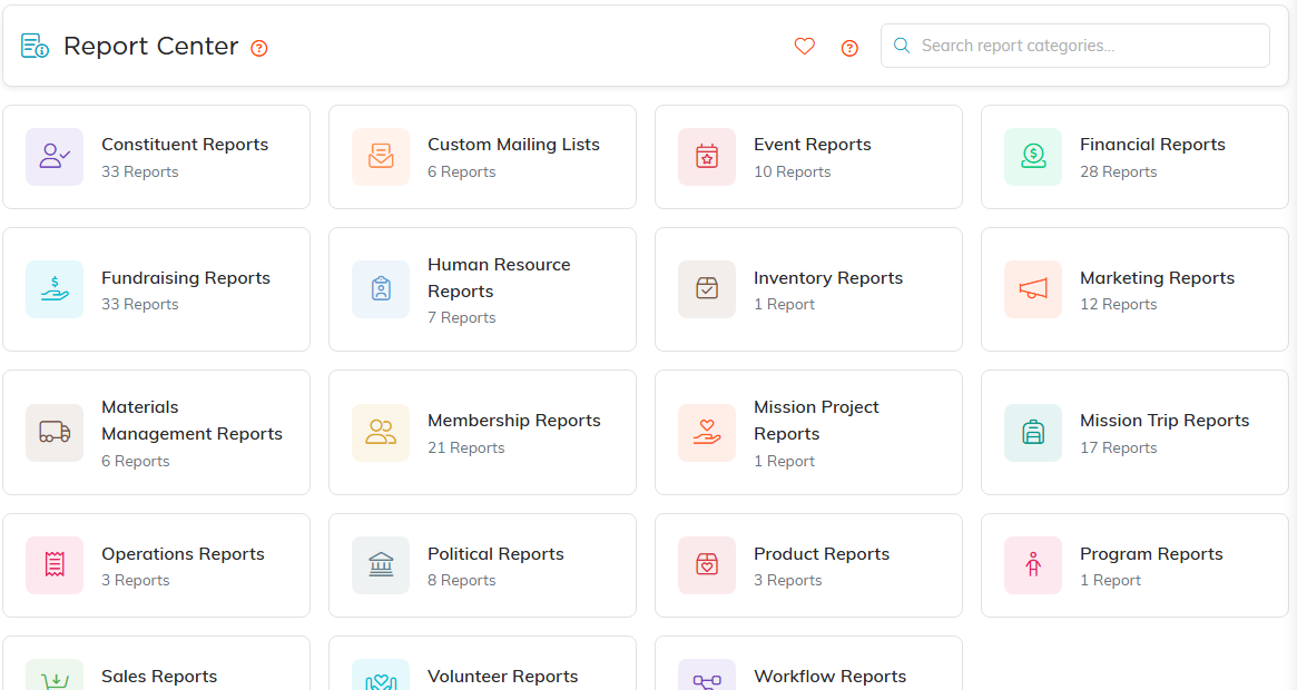 The Report Center showing report category cards including Constituent Reports, with a search box across the top