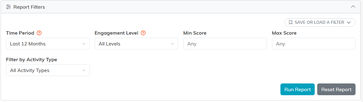 The Report Filters panel with Time Period, Engagement Level, Min Score, Max Score, Filter by Activity Type, and Run Report and Reset Report buttons