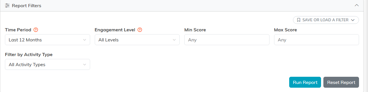The Constituent Engagement Score Report filters: time period, engagement level, min and max score, activity type