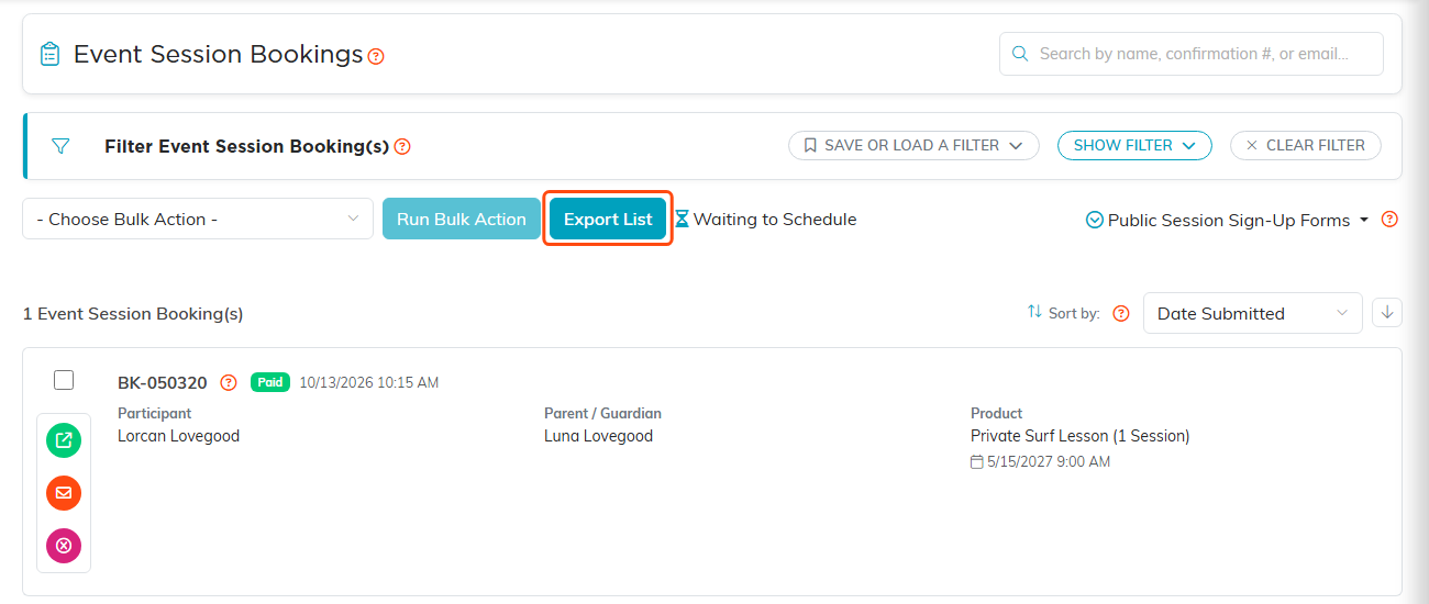 The Event Session Bookings page with the Export List button outlined in orange, next to Run Bulk Action and Waiting to Schedule, above one booking card for Lorcan Lovegood marked Paid