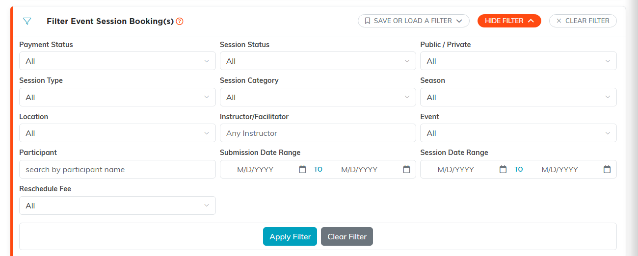 The open Filter Event Session Booking(s) panel with Payment Status, Session Status, Public / Private, Session Type, Session Category, Season, Location, Instructor/Facilitator, Event, Participant, Submission Date Range, Session Date Range and Reschedule Fee, and the Apply Filter button