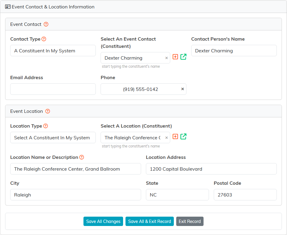 Event Contact and Location Information with the Event Contact card above the Event Location card and the save buttons below