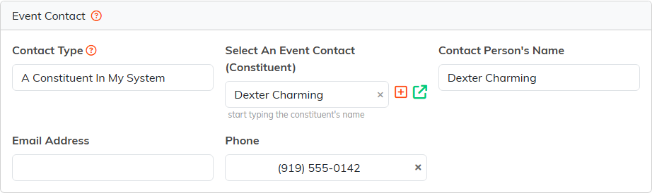 The Event Contact card with a constituent picked as the contact and the name and phone filled in from their record