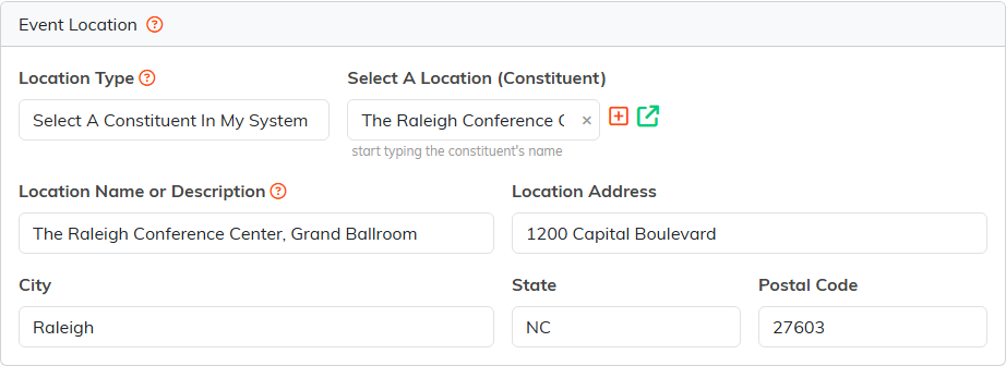 The Event Location card with a conference center picked as the venue and its name, address, city, state and postal code filled in