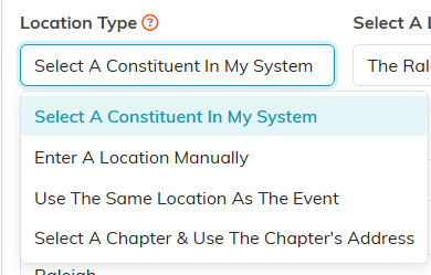 The Location Type list open, with the constituent, manual, same location and chapter choices