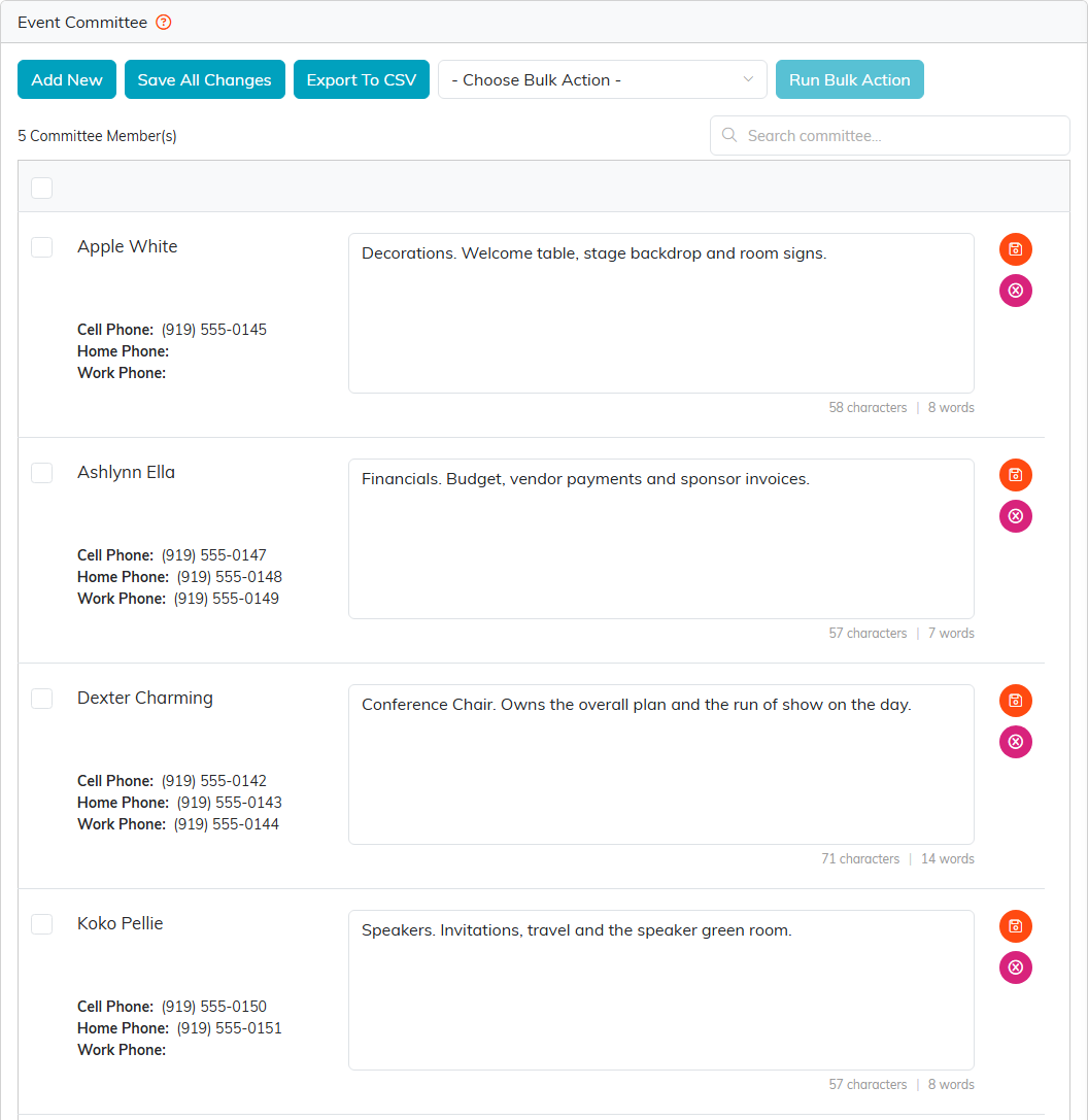 The Event Committee with Add New, Save All Changes, Export To CSV and the bulk actions, and committee members each with their phone numbers and their role