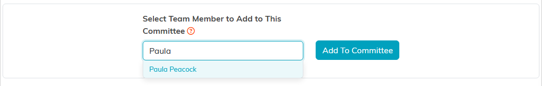 The add panel with a team member found in the search box and the Add To Committee button