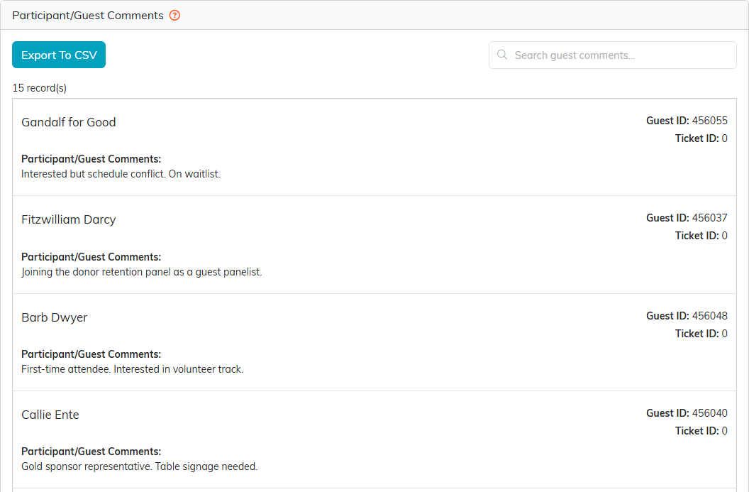 Participant/Guest Comments with Export To CSV, the search box and guests with their comments, guest ID and ticket ID