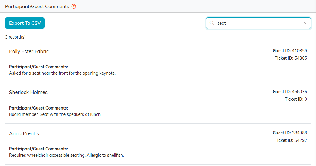 The comments searched for the word seat, showing three guests with seating requests