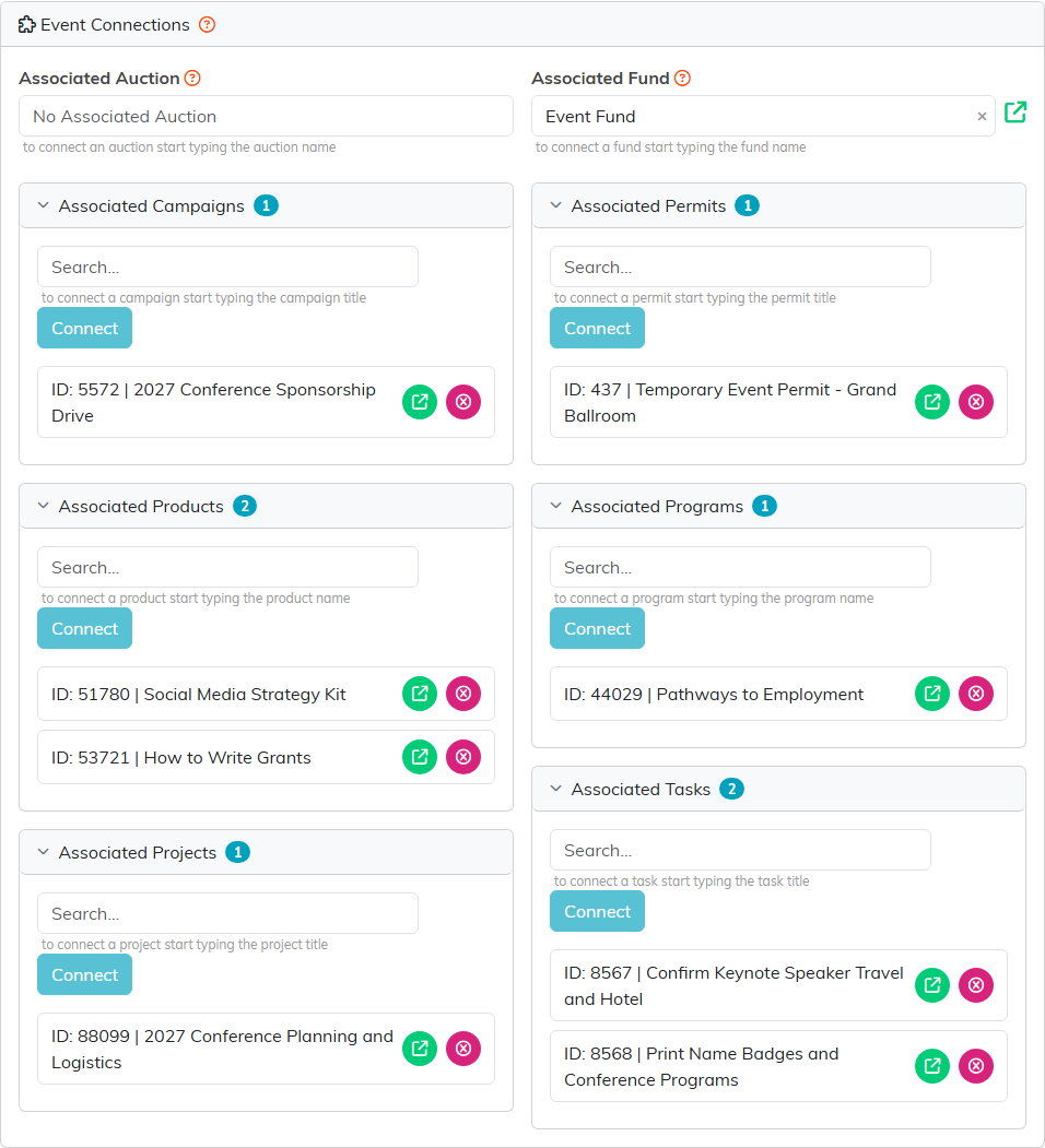 Event Connections with the associated auction and fund at the top and panels for campaigns, permits, products, programs, projects and tasks
