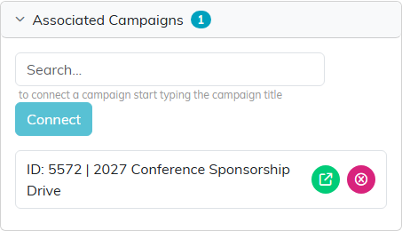 The Associated Campaigns panel with a search box, a Connect button and one connected campaign